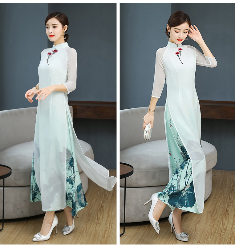 アオザイ ベトナム 民族風 チャイナ風ワンピース ロングドレス サイドスリット 長袖 スタンドネック ワンピース 二次会 花嫁 謝恩会 デート お呼ばれ 大きいサイズ S M L Ll 3l 4l Dresszone