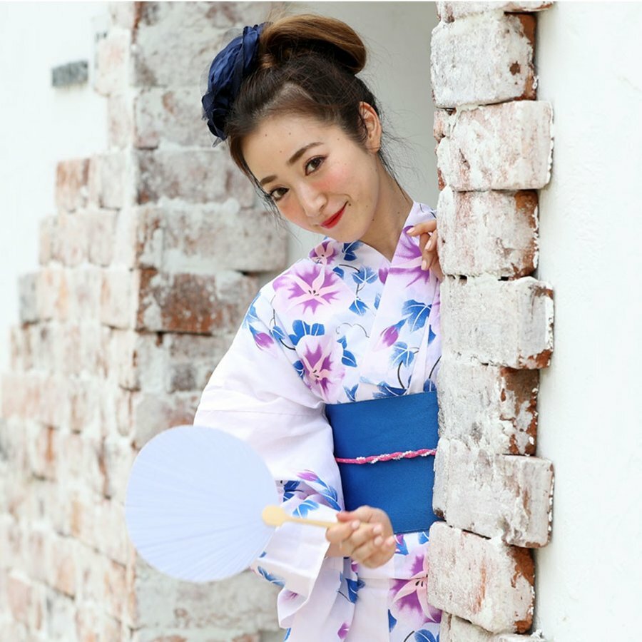 浴衣3点セット 作り帯 結び帯 下駄 レトロ 白地 朝顔 ピンク 紫 パープル Top Girls