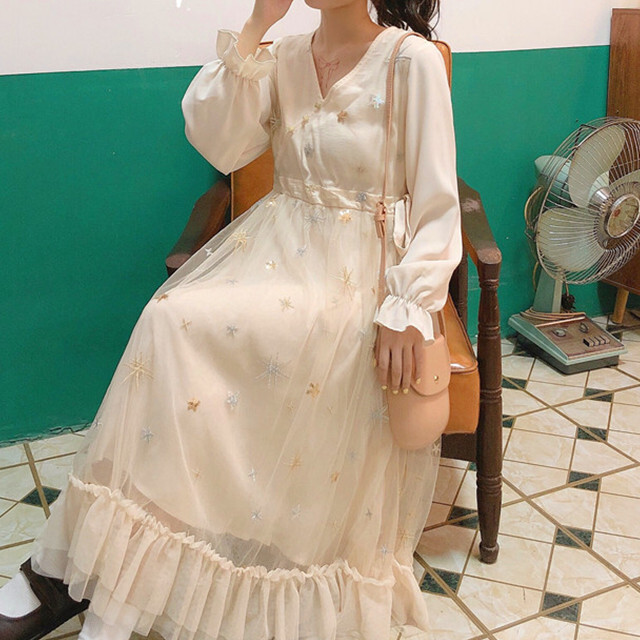 ドレス ワンピースハイウエスト メッシュ レース シースルー チュール オーガンジーvネック ハイウェスト ステッチ 女性 レディース ゆめかわ Popsite3 Cute レディース かわいい 可愛い ガーリー フェミニン 甘め アパレル服 アクセサリーなど