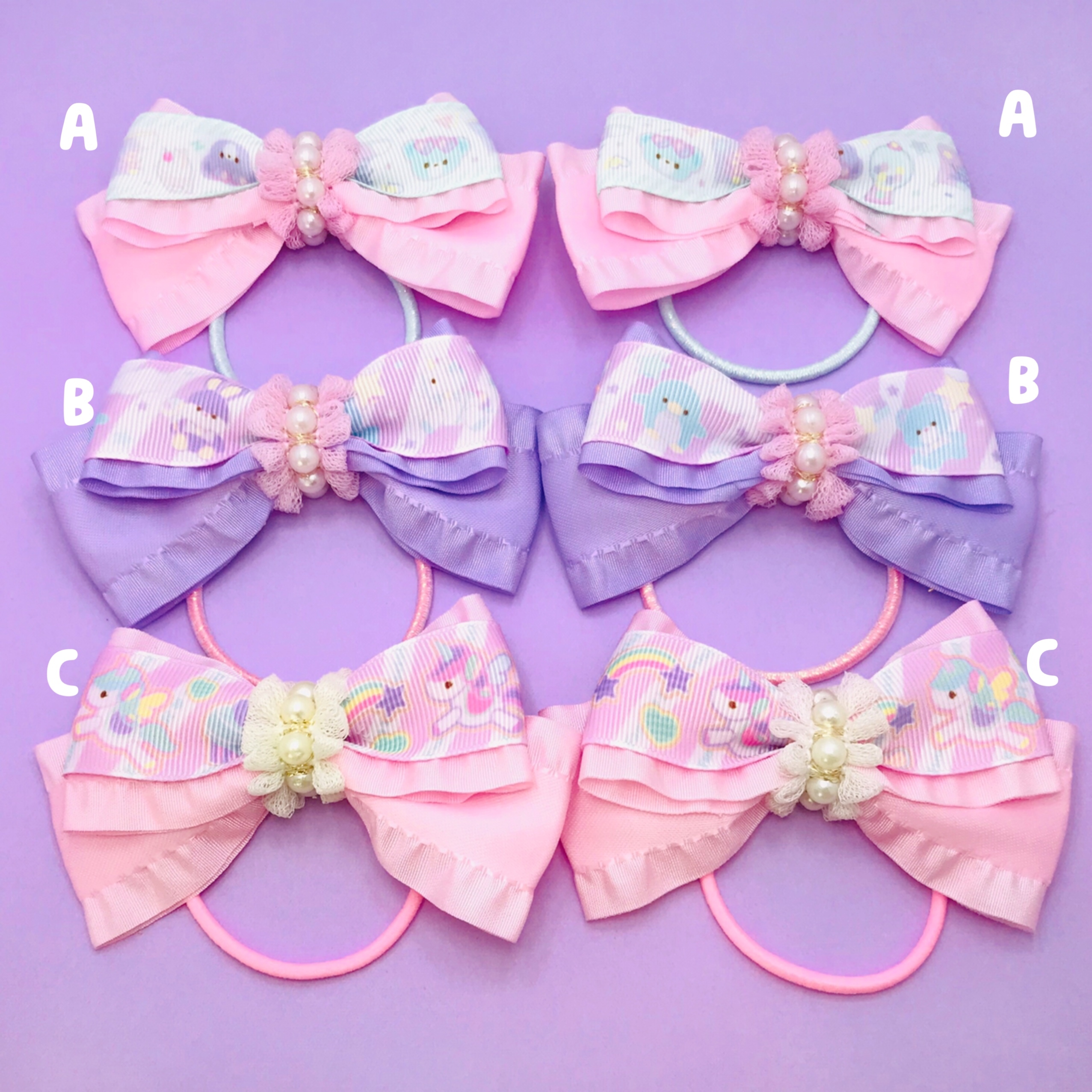 Pirokoさんリボンのフリルリボンヘアゴム パールレース Girly H