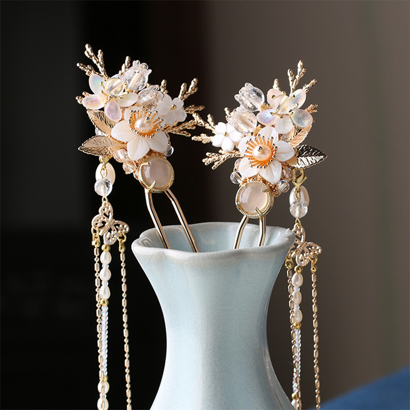 アクセサリー 簪 パール シェル 瑠璃 クリスタル 花 中国風 伝統 古代古典髪飾り 上品 高級 豪華髪飾り 雑貨 漢服 結婚式 卒業式 成人式 Dresszone