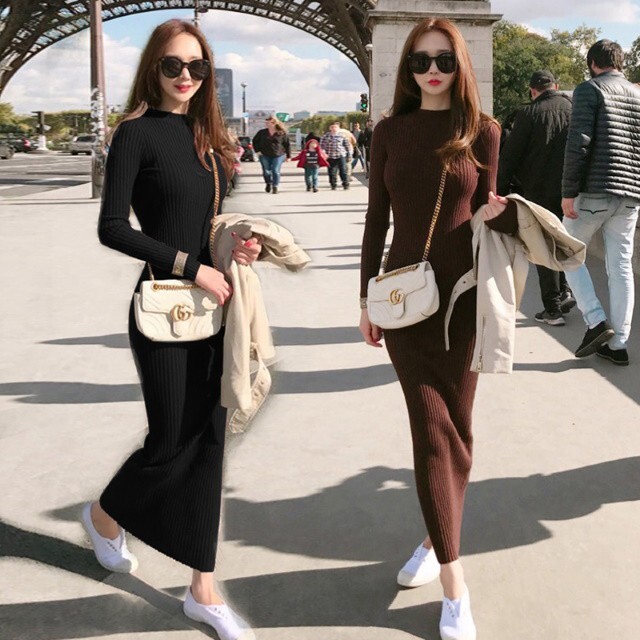 シンプル タイト ニットワンピース ロング タイト ニット ハイカラ 長袖 無地 チョコブラウン 秋冬 海外のおしゃれな大人のレディースファッション通販サイトhanano Emon