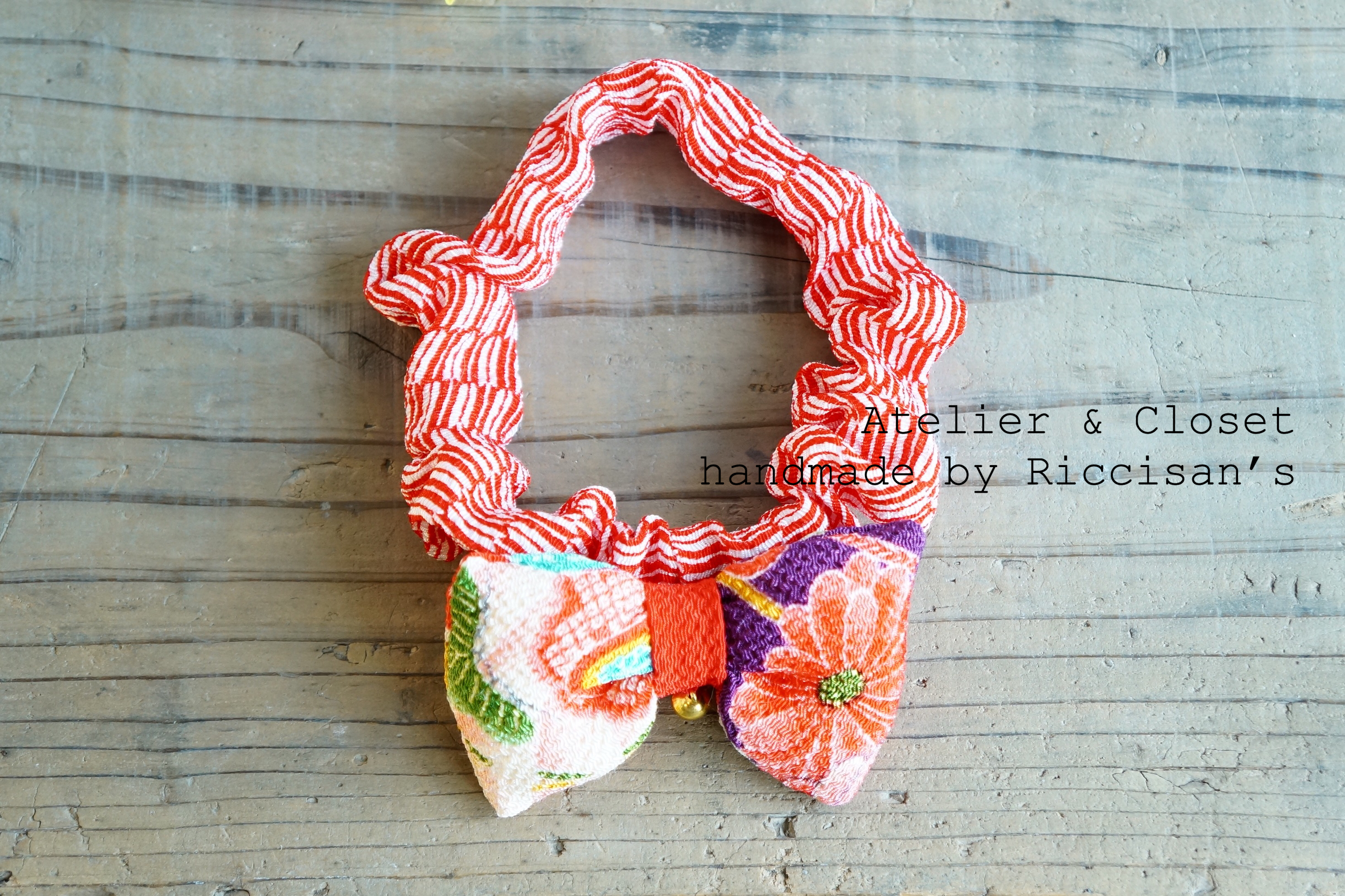 Cat Collars Japanese Pattern 猫犬ペットちりめん和柄シュシュ首輪ハンドメイド Atelier Riccisan S