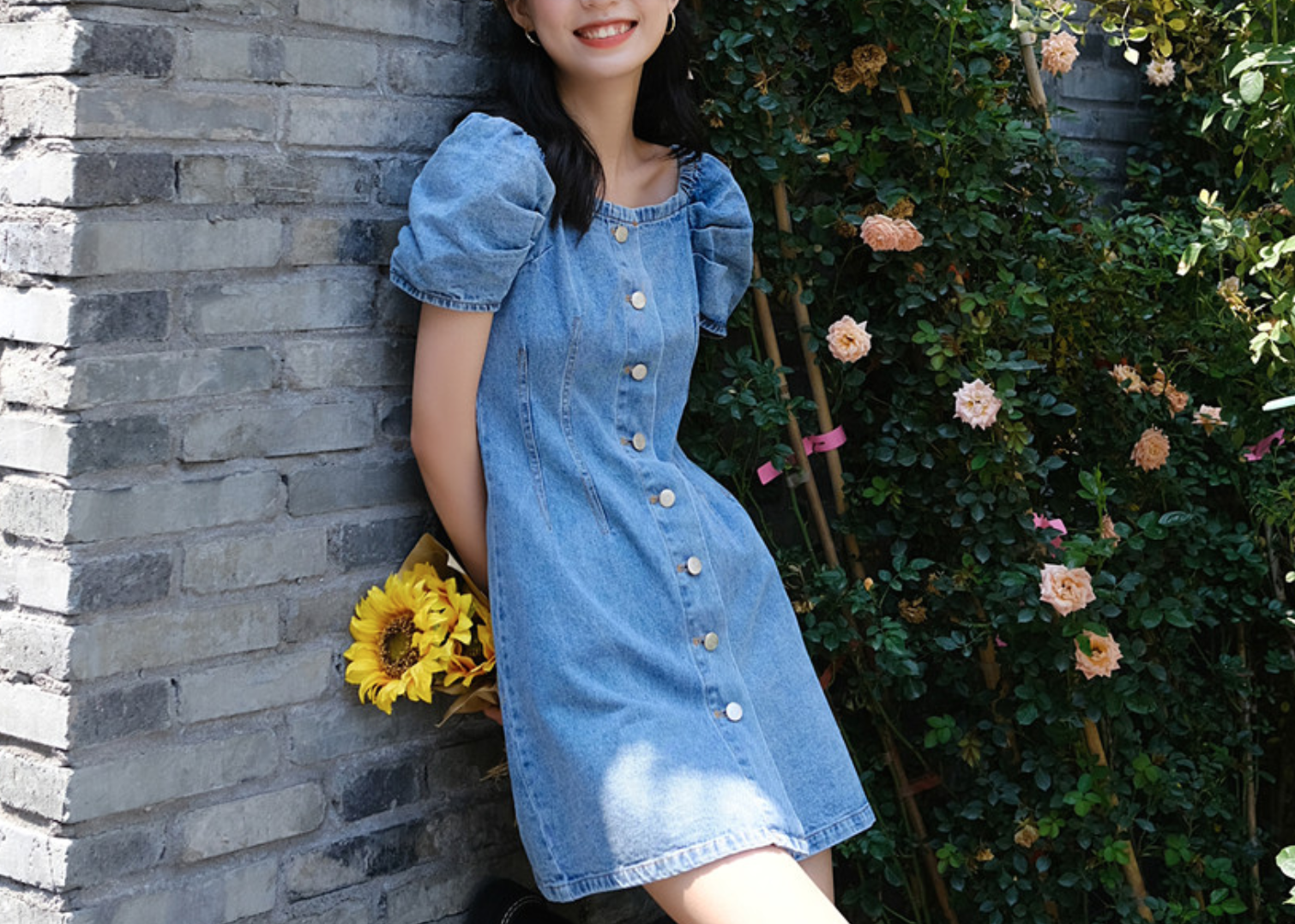 デニム ワンピース 夏 カジュアル ミニワンピ かわいい ロンt ボタン 韓国 507 Sweetly