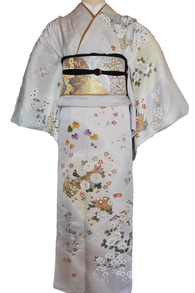 訪問着レンタル■上品な薄グレー地に菊や桜の花柄■正絹フリーサイズhu8〔往復送料無料〕 - 画像2