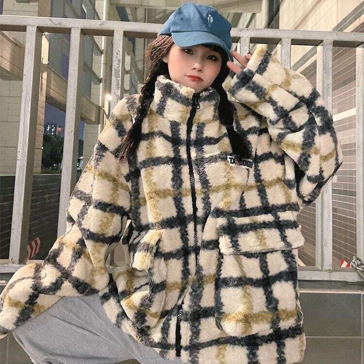 Qoo10] レディース ボア ブルゾン チェック柄