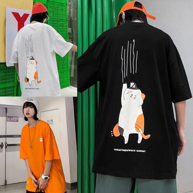 韓国ファッション Tシャツ ユニセックス 半袖 Tシャツ メンズ レディース 肉球 爪とぎ猫 バックプリント オーバーサイズ 大きいサイズ ルーズ ストリート