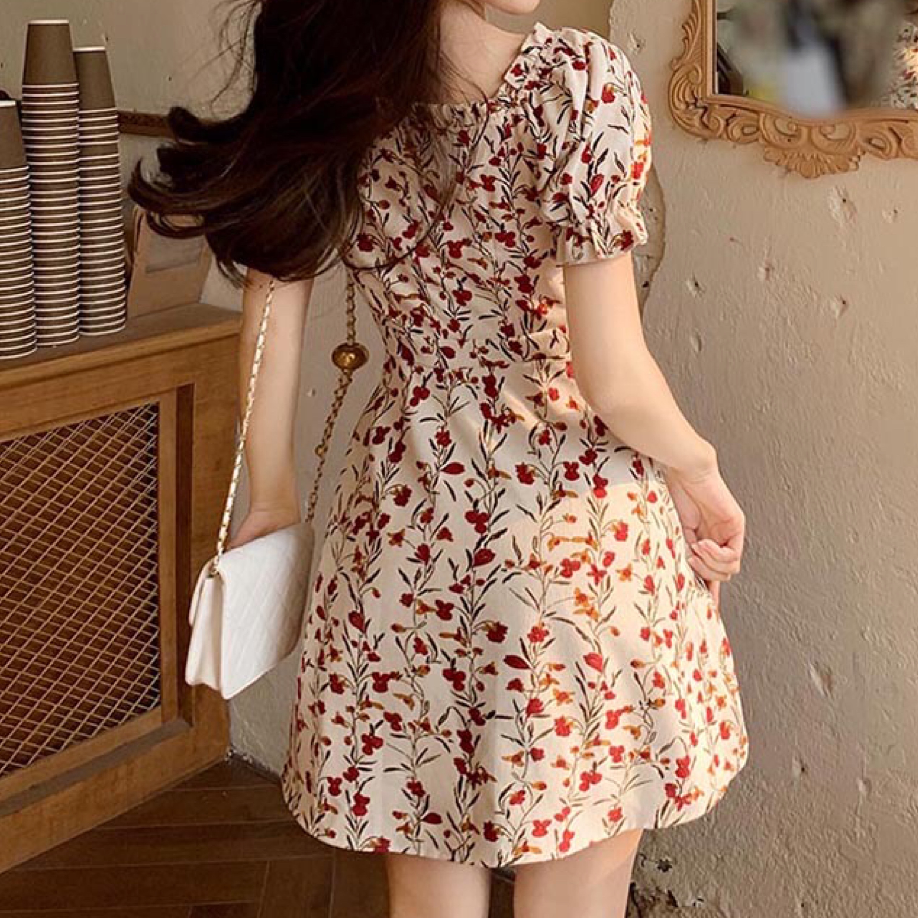 フレンチガーリー 花柄パフスリーブワンピース B0485 Retro N フレンチガーリー 花柄パフスリーブワンピース B0485 Retro N