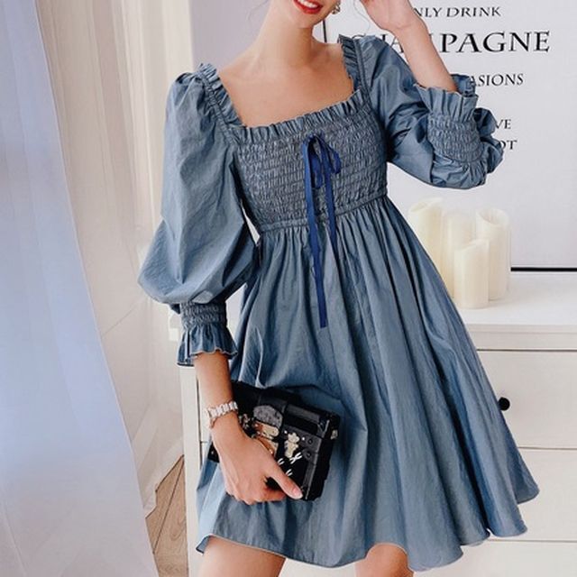 ギャザーワンピース ワンピース スクエアネック 七分袖 パフスリーブ 袖コンシャス ひざ丈 Aライン フェミニン ガーリー 大人ガーリー 大人カジュアル カジュアル 夏 春 Op 0850 Y Hapi Hapi Girl ハピ ガル