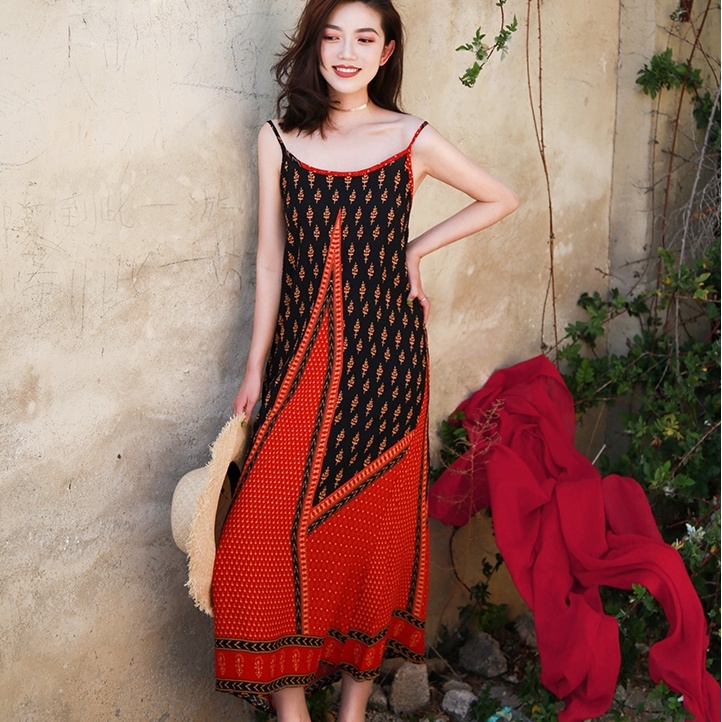 キャミソールワンピース バックオープン ポリエステル シフォン ロング丈 ａライン 洋風柄 春夏 海 お出かけ プール レトロ Lifenity