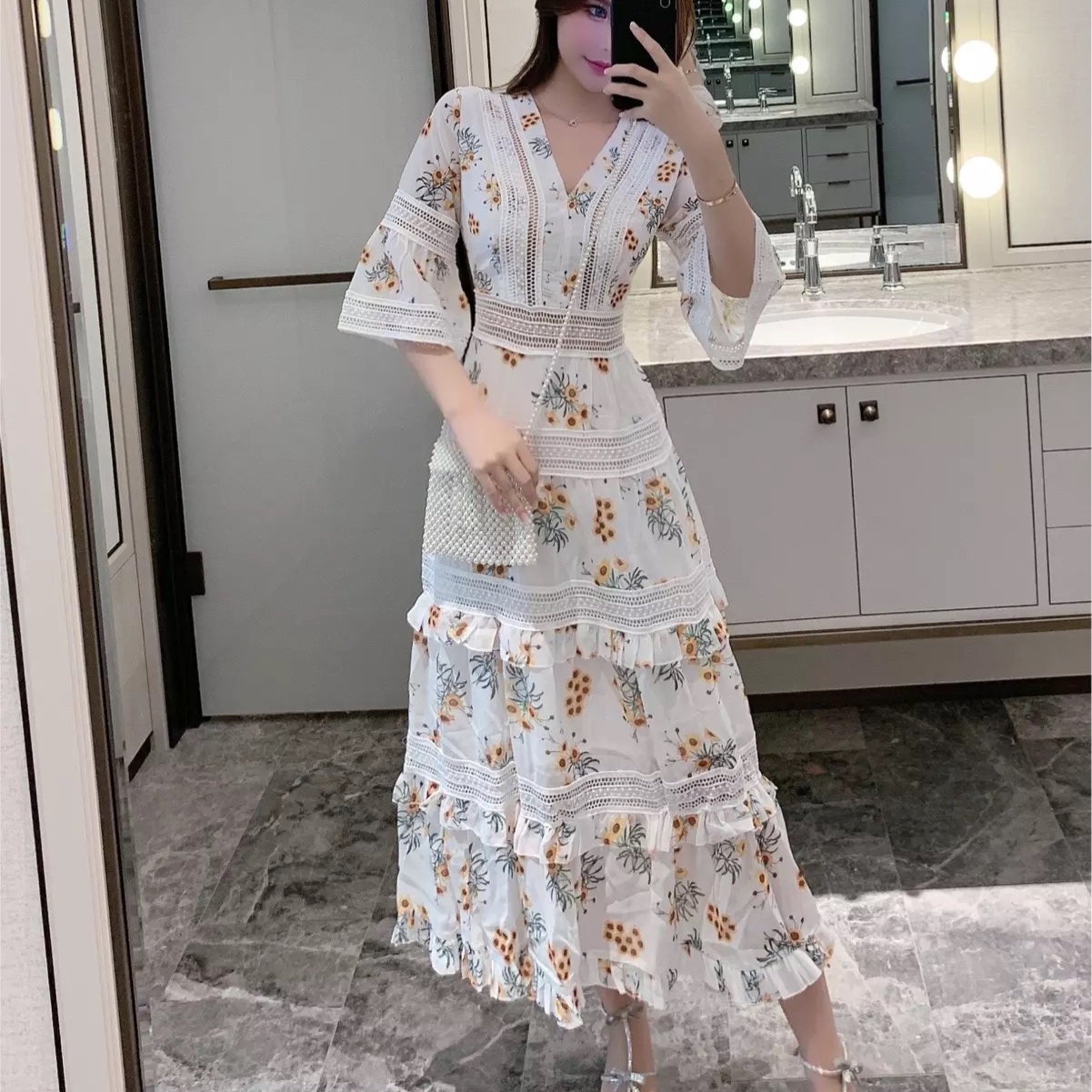 予約 ナチュラルひまわりワンピース Mapretty