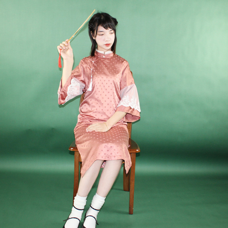 チャイナ風ワンピース 改良唐装 改良漢服 チャイナ風服 中華服 改良型チャイナドレス 普段着 女子会 同窓会 二次会 普段着 民国風ワンピース S M L ロング丈 オレンジ レース Dresszone