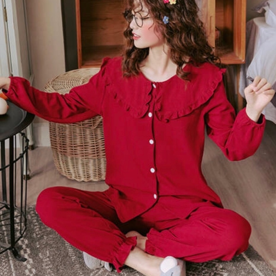 上下セット ルームウェア 大きいサイズ レディース 春 秋 物 長袖 赤 色 韓国 ファッション 可愛い パジャマ 綿 前開き Rw 0056 Happy Orurea ハッピーオルレア