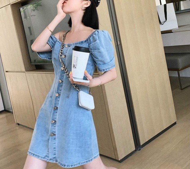 レディース ワンピース デニム オフショルダー 肩見せ 肩出し ミニ丈 膝上丈 カジュアル キュート 可愛い S M L サイズ Manajily オルチャン 韓国 プチプラレディースファッション