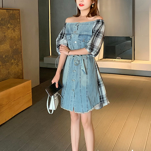 デニム ワンピース オフショルダー チェック柄 オールインワン パンツ レディース 夏 Ki179 Bonheur Femme ボヌール ファム