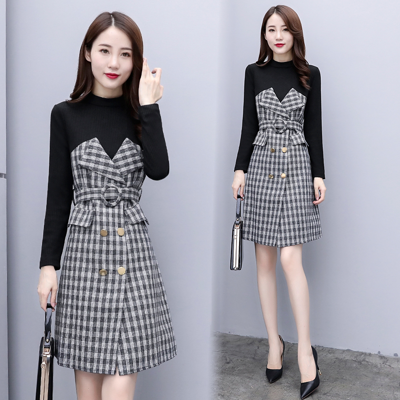 ワンピース スリム ひざ丈 チェック柄 長袖 ハイウエスト 韓国服 レディース デート お呼ばれ 冬 ブラック Mme4105 Dress Bird