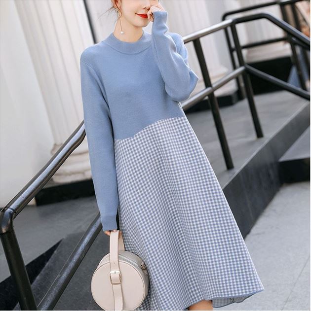 ワンピース 冬 ニットワンピース ひざ丈ワンピース ギンガムチェック チェック柄 切り替え 膝丈 フレア Aライン おしゃれ 可愛い プチネ Manajily オルチャン 韓国 プチプラレディースファッション