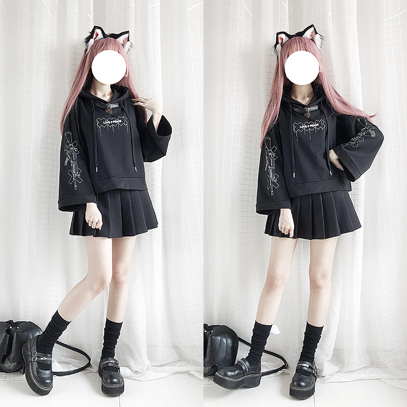 再入荷 病みかわいい パーカー LOVE PEACE バルーンスリーブ マシンガン ゴシック オリジナルブランド 原宿系 10代 20代
