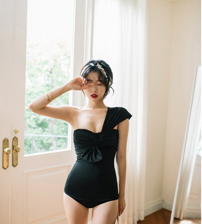 ワンピース水着 韓国水着 体型カバー水着ワンピース40代 ワンピース水着体型カバーオールインワン 水着大きいサイズ体型カバーレディース 黒 無地 ワンショルダー Viento