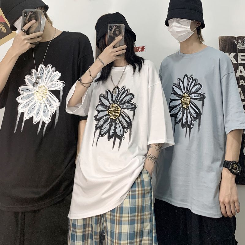 韓国ファッション Tシャツ ユニセックス Tシャツ 半袖 メンズ レディース ラウンドネック フラワー 花 プリント オーバーサイズ 大きいサイズ ルーズ ストリート