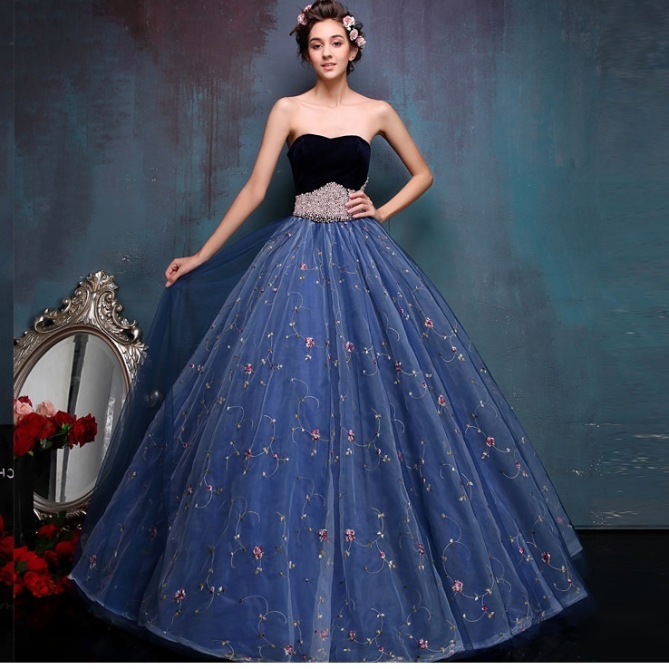 ウェディングドレス カラードレス 花柄 ブルー ロングドレス | Lilywhite