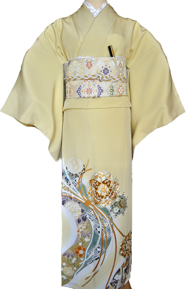 レンタル色留袖■高級加工■鮮やかな黄色地に金彩刺繍で熨斗目 花輪005【往復送料無料】 - 画像2