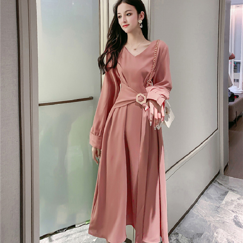 ワンピース 長袖 無地 着まわし抜群 レトロ スウィート ピンク ベージュ S M L Ll Dresszone ワンピース 長袖 無地 着まわし抜群 レトロ スウィート ピンク ベージュ S M L Ll Dresszone