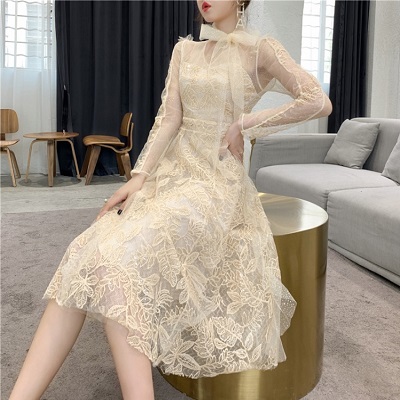 ドレス ワンピース パーティードレス 結婚式 二次会 披露宴 シャンパンゴールド レース シースルー 長袖 リボン ロング丈 プチプラレディースファッション通販 Yboueki