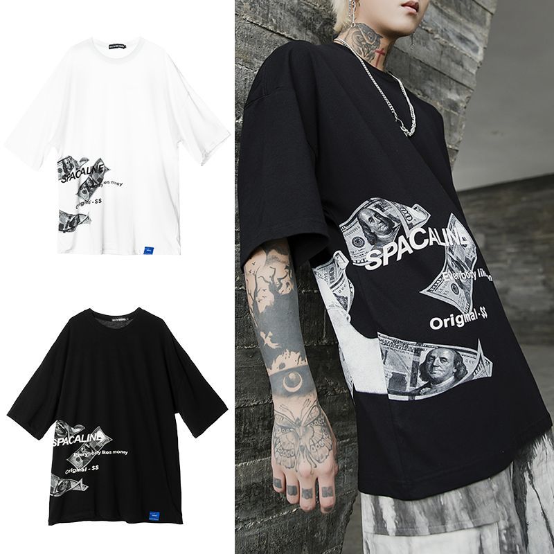 韓国ファッション Tシャツ ユニセックス Tシャツ 半袖 メンズ レディース 英字 お札 プリント ドロップショルダー オーバーサイズ 大きいサイズ ルーズ ストリート