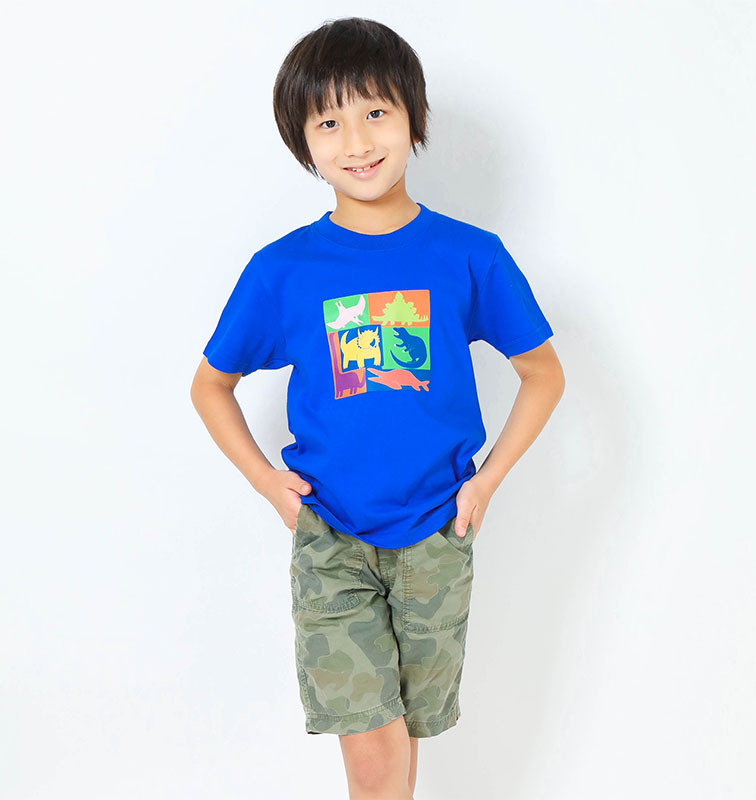 恐竜プリントｔシャツ 子供用キューブプリント ブルー 恐竜グッズ通販ショップ Chamaryu