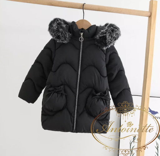 2color ピンク 黒 子供 コート リボン付き 100cm 110cm 1cm 130cm 140cm 女の子 りぼん ジャンパー ギャザー 長め 中綿ダウンコート 防寒 アウター ジュニア ベビー キッズ ジャケット 冬服 ダウンジャケット かわいい ガーリー ピンク Girls Clothing Winter Jacket
