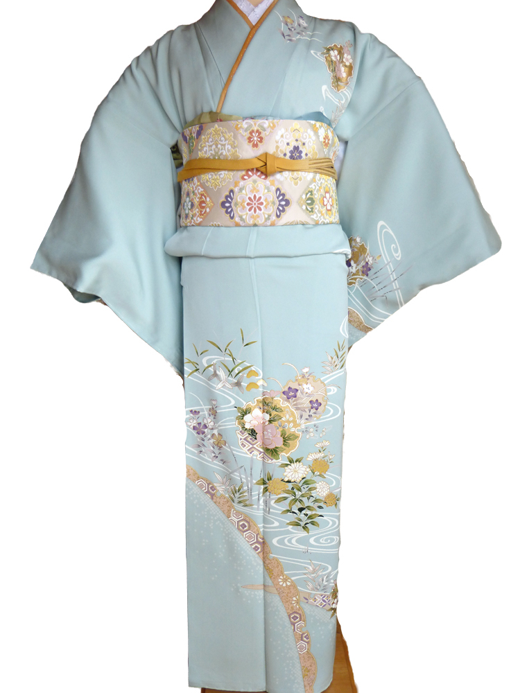 訪問着レンタル■薄萌黄色地に雪輪と流水そして桔梗や菊の花柄■正絹フリーサイズhu6〔往復送料無料〕 - 画像3