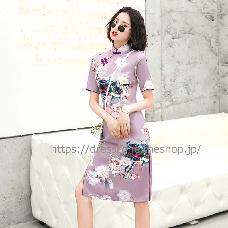 ショート丈チャイナドレス 改良型 チャイナ風ワンピース デート 女子会 同窓会 普段着 プレゼント パーティー 半袖 大きいサイズ M L Ll 3l 4l スタンドネック 清新 パープル 紫色 スリット 花柄 プリント Dresszone