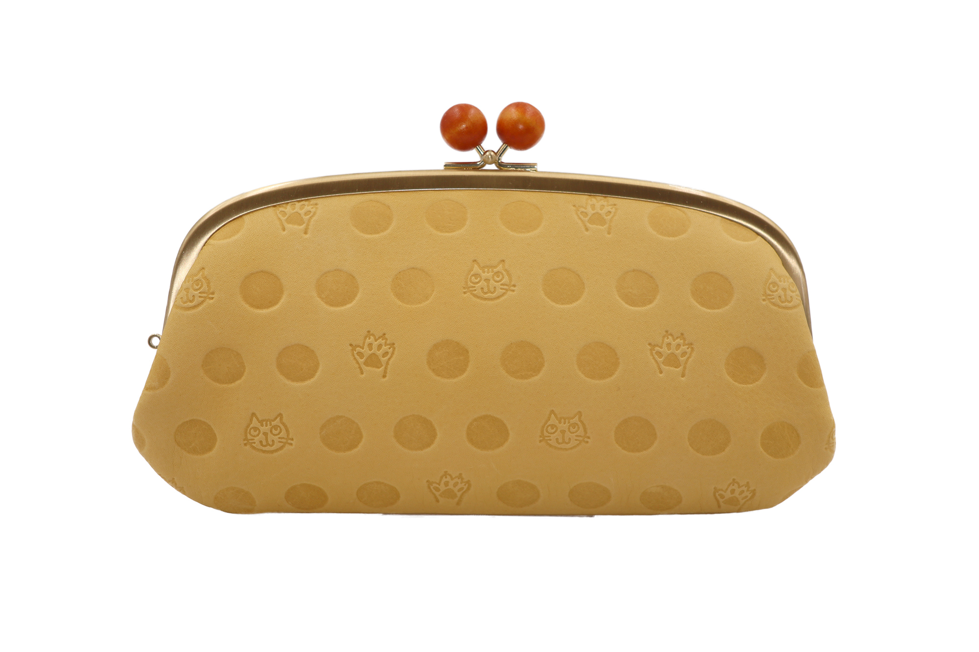 Atelier Kyoto Nishijin ねこと肉球の型押しが可愛い 牛革 抗菌 抗ウイルス加工 がま口長財布 萱草色 かんぞういろ 日本製 Atelier Kyoto Nishijin アトリエキョウトニシジン