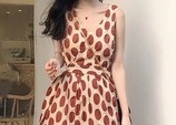水玉 ワンピース レトロ カジュアル Vネック ロング丈 ダスティーレッド ポリエステル お出かけ