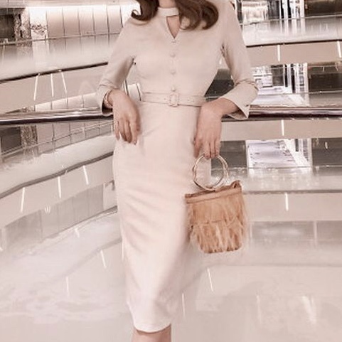 キーネック フォーマルワンピース パーティードレス ワンピース ドレス ウエストマーク タイト ひざ丈 フロントボタン パーティー 結婚式 二次会 卒入園式 卒入学式 フェミニン きれいめ 上品 Op 0629 Y Happy Orurea ハッピーオルレア