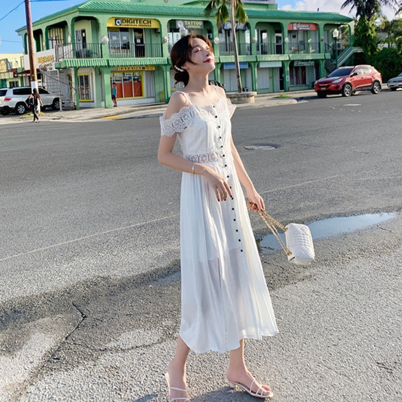 春夏 ドレス ロングドレス ワンピース 白ワンピ コットン レース 無地 ミモレ丈 ノースリーブ ガーリー 街角のカフェテラス 春夏 ドレス ロングドレス ワンピース 白ワンピ コットン レース 無地 ミモレ丈 ノースリーブ ガーリー 街角のカフェテラス