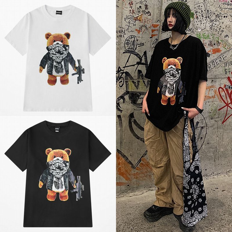 韓国ファッション Tシャツ ユニセックス 半袖 Tシャツ メンズ レディース 機関銃 ギャング クマちゃん プリント オーバーサイズ 大きいサイズ ルーズ ストリート