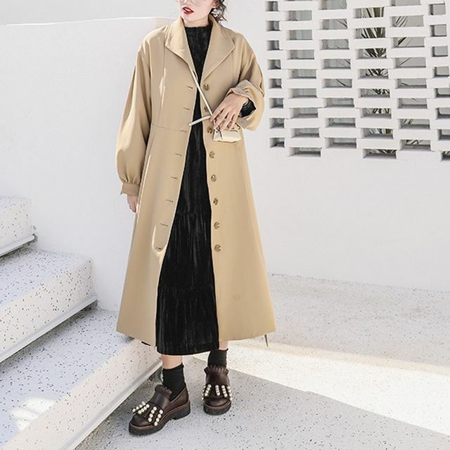 アウター レディース コート ロングコート シングルブレスト フロントボタン パフスリーブ 袖コンシャス ロング丈 Aライン オーバーサイズ バックスリット カジュアル 大人カジュアル 秋冬 Ot 0110 Y Happy Orurea ハッピーオルレア