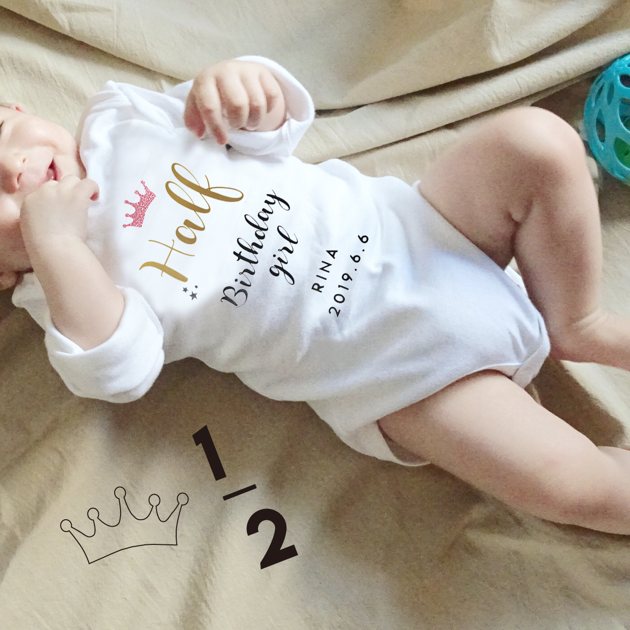 きらきらピンククラウン かんむり のハーフバースデーロンパース 名前入り 長袖 女の子デザイン 出産祝い 写真撮影に Jooves ジューブス