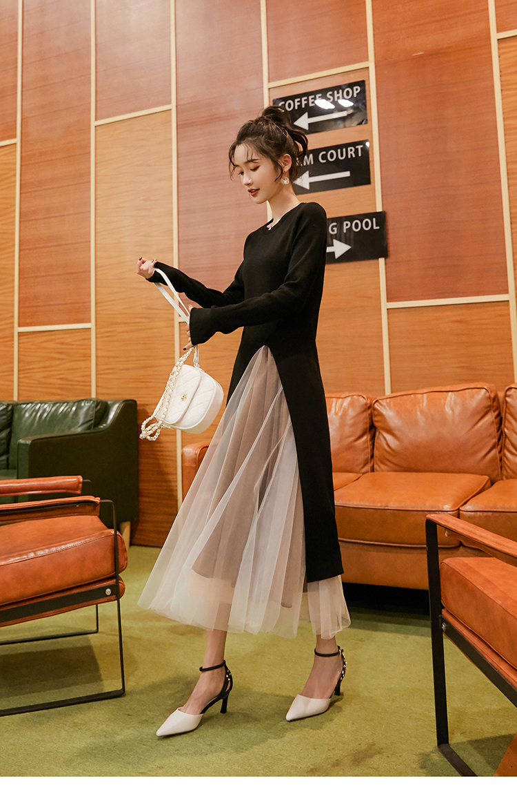 チュールスカートとワンピースの重ね着風が大人ガーリーなセットアップ レディース 長袖 ロング丈 サイドスリット モノトーン くすみカラー トレンド デート 代 30代 40代 Ailla アイラ