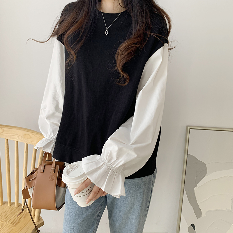 パフスリーブ 重ね着風 ドロップショルダー コントラスト ドッキング 二の腕カバー こなれ感 大人カジュアル ゆったりコーデ シンプル ナチュラル T シャツ R Wearhouse