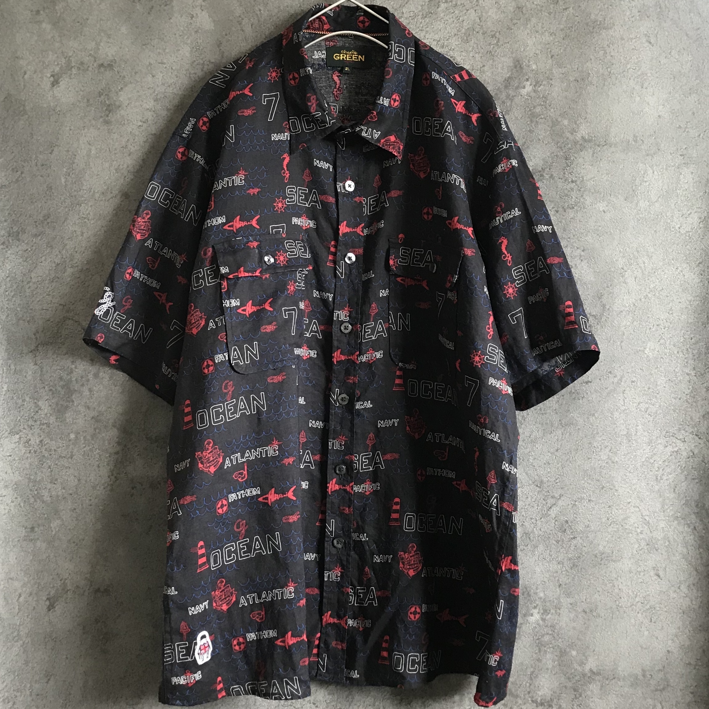 古着シャツ 古着 シャツ レトロ ヨーロピアン マリン ブラック 柄シャツ 麻 総柄 アート メンズ 半袖 古着 屋antenna アンテナ 海外でセレクトした個性的な古着専門の通販店です