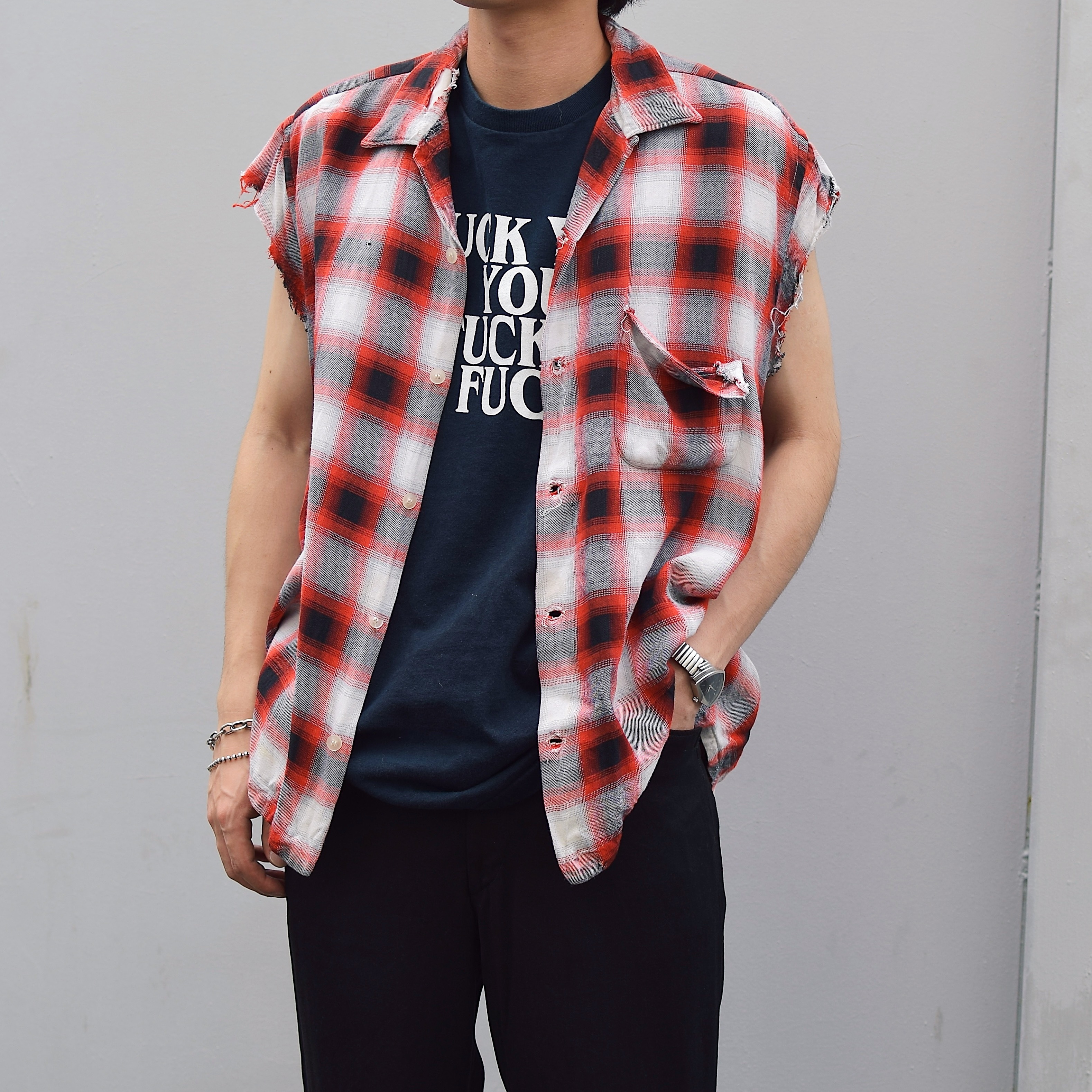 Vintage 60's【AMC】Grunge Rayon Ombre Check Shirt Vest の画像 3