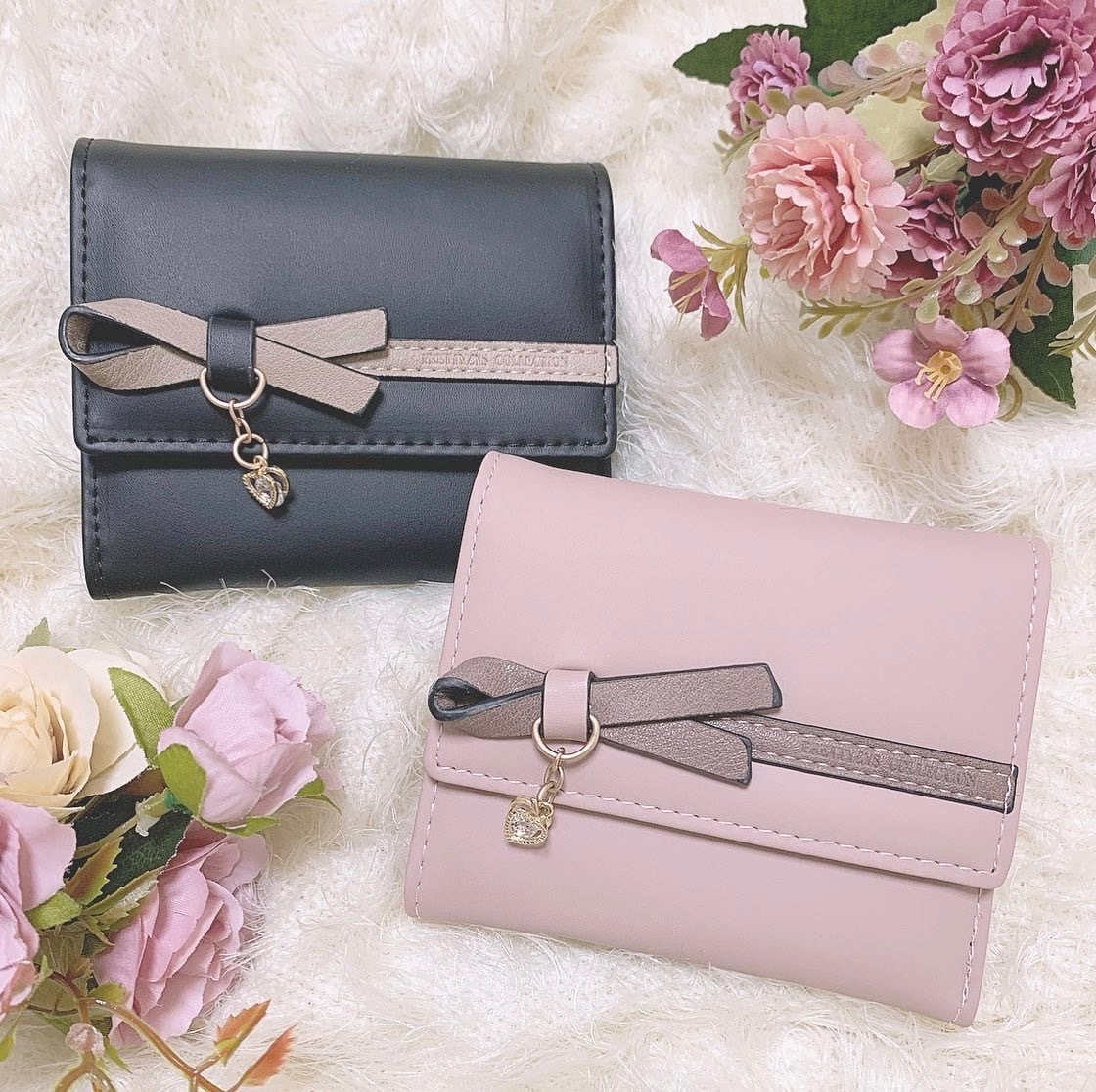 即納 全2色 ラインレザーリボンハートチャーム付きミニウォレット