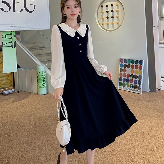 特価品蔵出し特集 重ね着風 ワンピース シャツ フレア 膝下 ミモレ 9分丈 袖あり 長袖 襟付き フレア Aライン ショッピング廉価 Ssl Daikyogo Or Jp