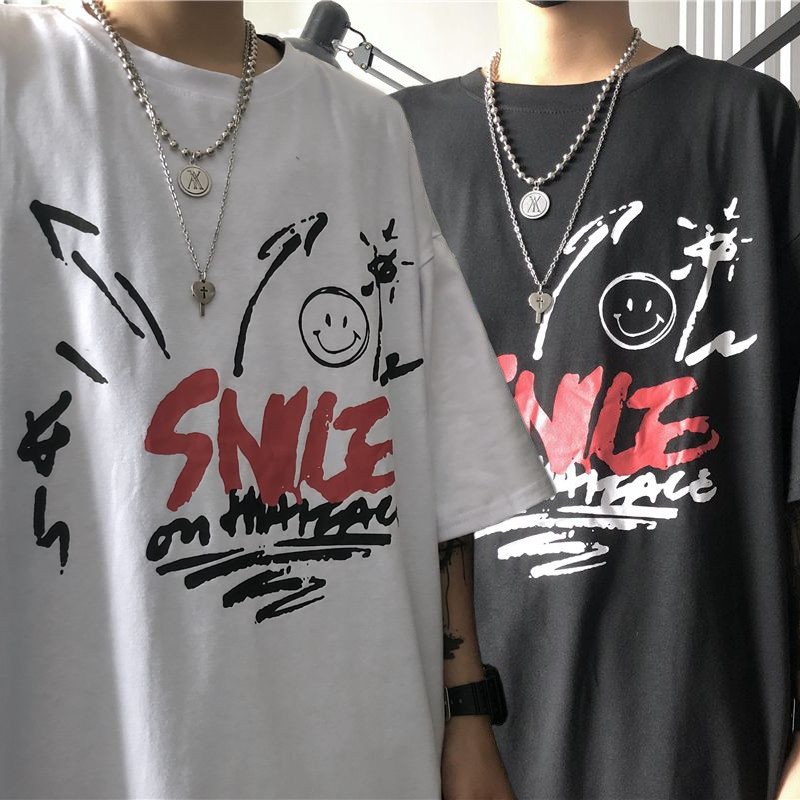 韓国ファッション Tシャツ ユニセックス Tシャツ 半袖 メンズ レディース ラウンドネック 落書き風 スマイリー スマイル プリント オーバーサイズ 大きいサイズ ルーズ ストリート