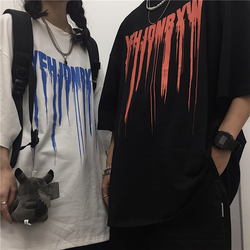 韓国ファッション Tシャツ ユニセックス Tシャツ 半袖 メンズ レディース ラウンドネック 英字 スプラッシュインク プリント オーバーサイズ 大きいサイズ ルーズ ストリート