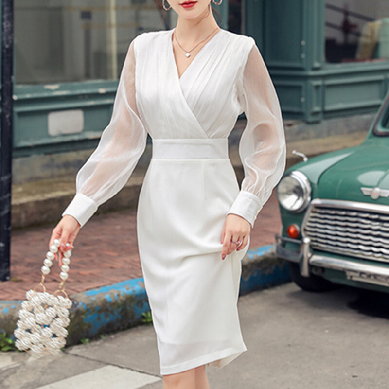 ワンピース Ol フォーマルワンピース 白 無地 Vネック メッシュ 上品らしく ホワイト S M L Ll Dresszone