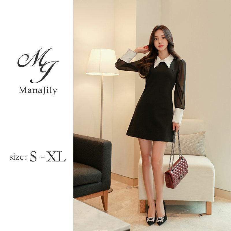 白シャツ襟 Aライン 黒ワンピース ミニ丈 フレア 清楚 上品 カフスボタン シースルー きちんと感 代 大きいサイズ Manajily オルチャン 韓国 プチプラレディースファッション